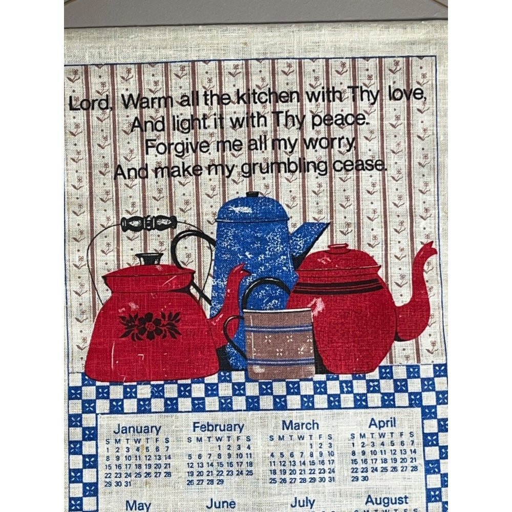 1984 Linen Calendar Teapots Red Blue Cloth Prayer Towel Wall Hanging Vintage - Picture 3 of 6
